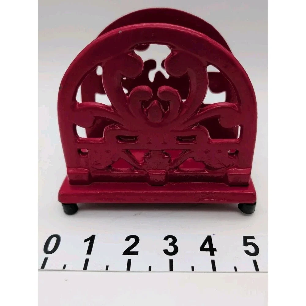 Cast Iron Napkin Holder Red Scroll Design Letter Organizer Farmhouse Heavy Vtg